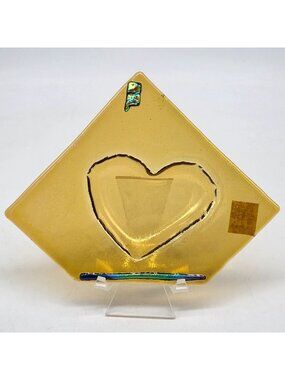 Fused Glass Bowl Golden Heart Shaped Yellow Iridescent Accents by Bella Glass